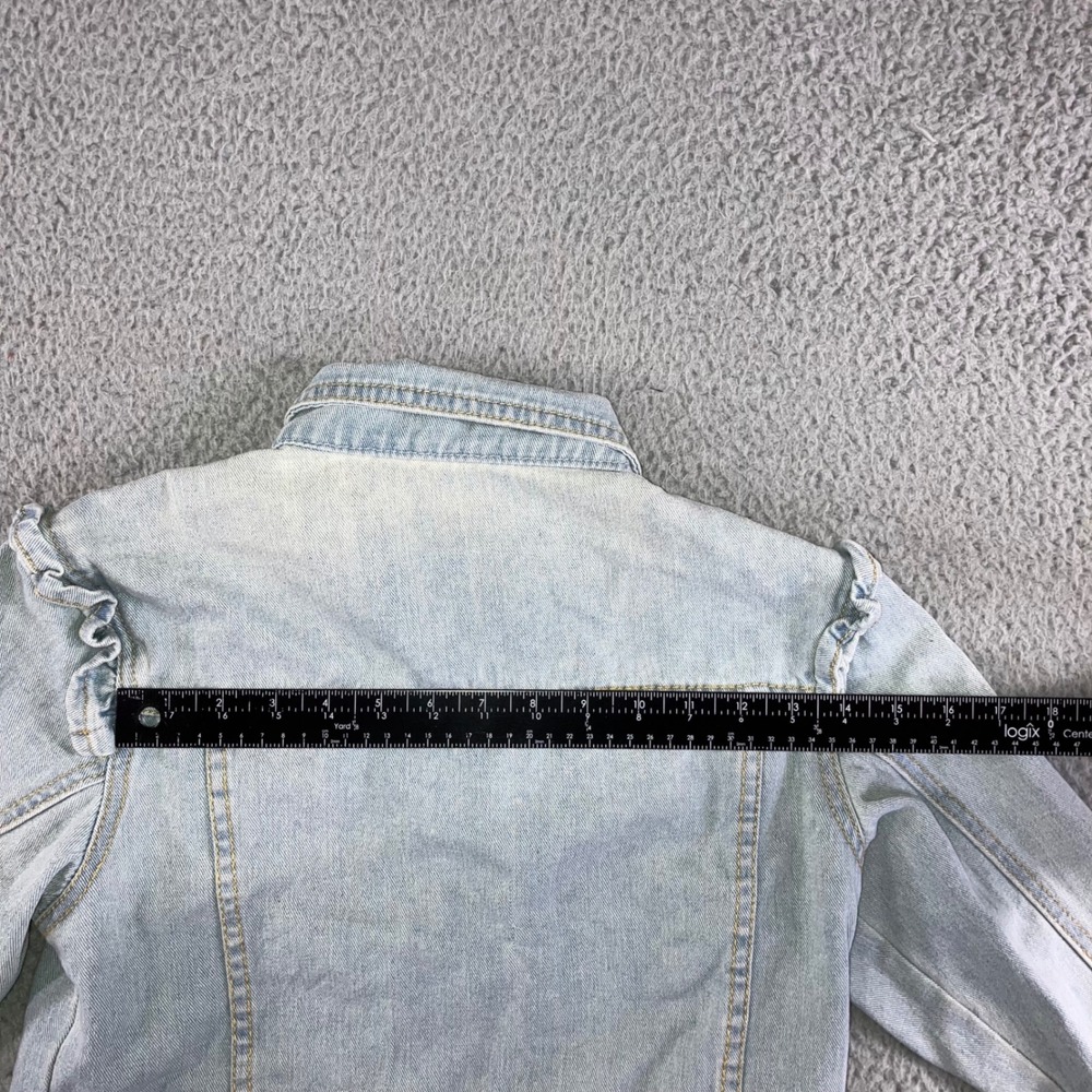 Ruffle Shoulder Denim Jacket Women S Light Wash Raw Hem Cropped Western Spring - Picture 12 of 12